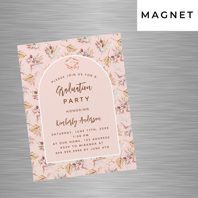 Pampas flowers rose gold luxury graduation party magnetic invitation (Creator Uploaded)