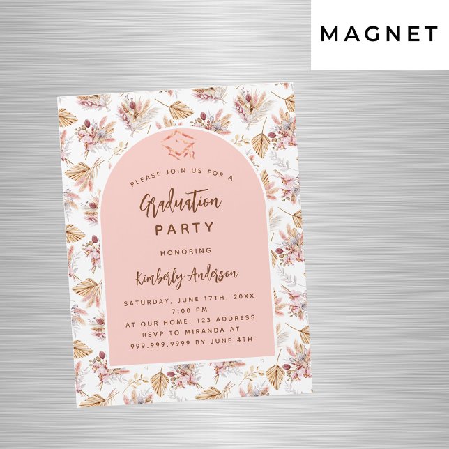 Pampas flowers rose gold luxury graduation party magnetic invitation (Creator Uploaded)