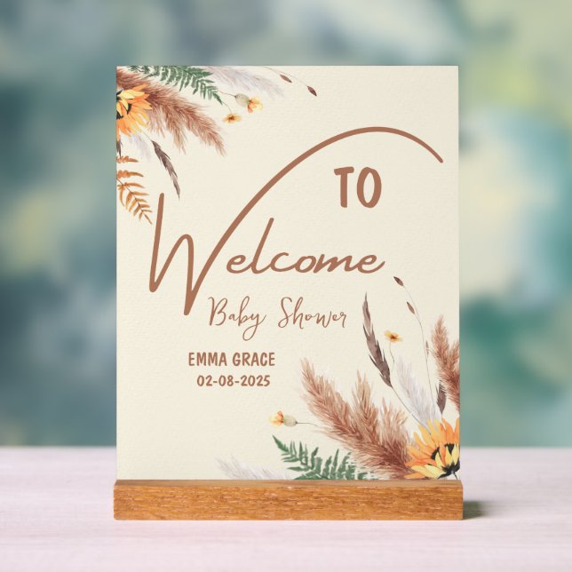 Pampas Grass A Little Wildflower Baby Girl Shower Acrylic Sign (Neutral)