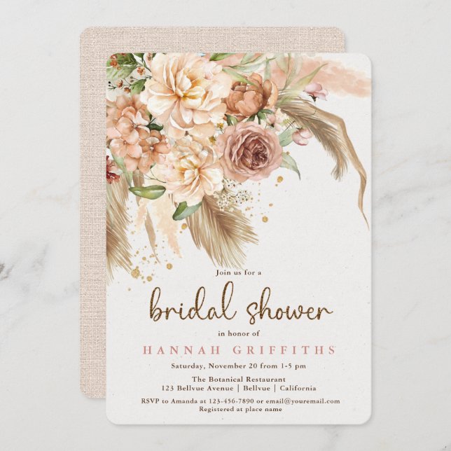 Pampas grass and boho roses bridal shower invitation (Front/Back)