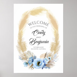 Pampas Grass and Dusty Blue Flower Wedding Welcome Poster