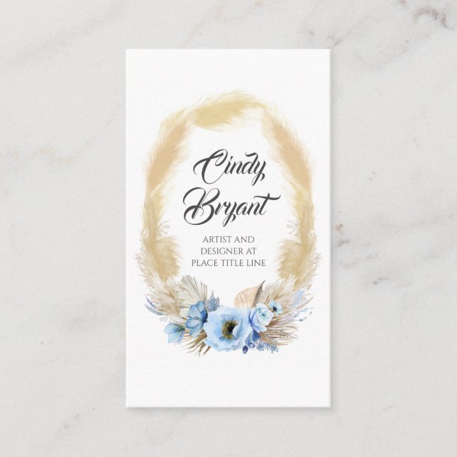 Pampas Grass and Dusty Blue Flowers Elegant Exotic Business Card (Front)