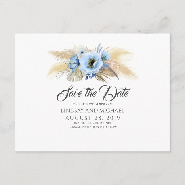 Pampas Grass and Dusty Blue Flowers Save the Date Postcard (Front)