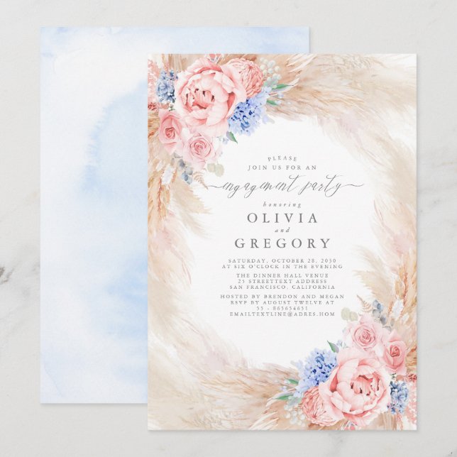 Pampas Grass and Elegant Flowers Engagement Party Invitation (Front/Back)