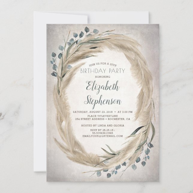 Pampas Grass and Greenery Boho Chic Birthday Invitation (Front)
