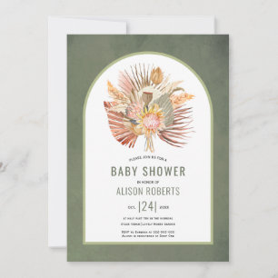 Pampas grass and palm grayish green baby shower invitation