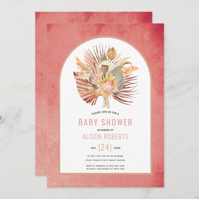 Pampas grass and palm pink girl baby shower invitation (Front/Back)