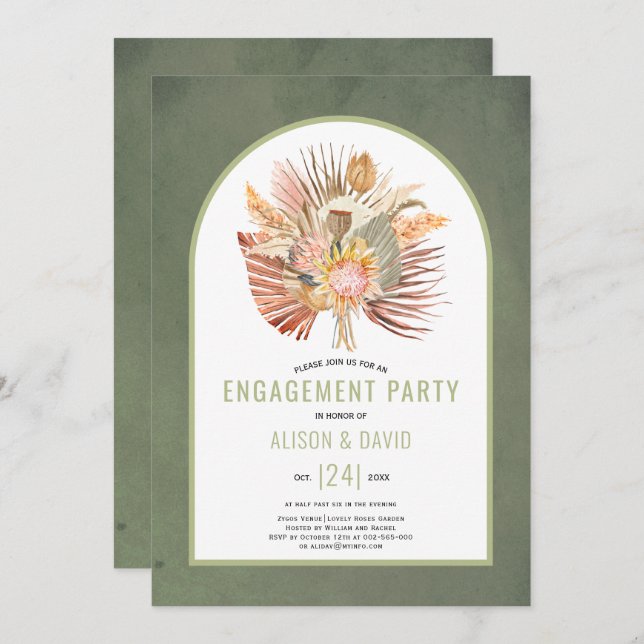 Pampas grass and palm sage green engagement party invitation (Front/Back)