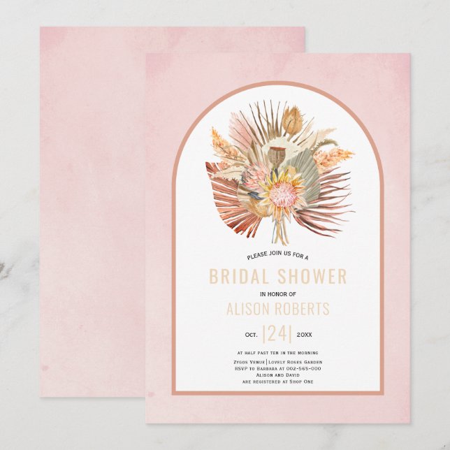 Pampas grass and palm soft pink bridal shower invitation (Front/Back)