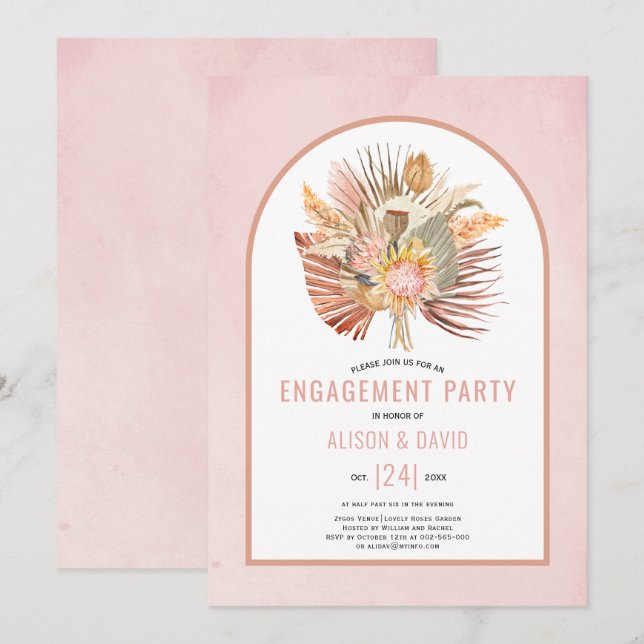 Pampas grass and palm soft pink engagement party invitation (Front/Back)