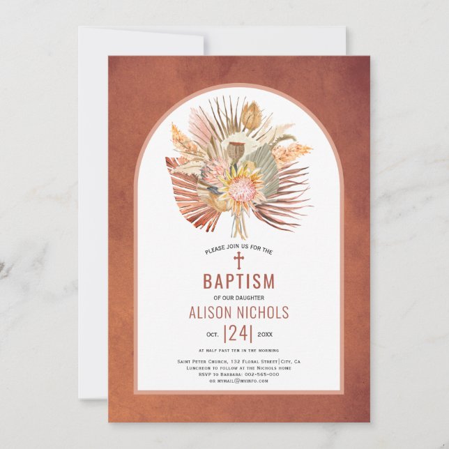 Pampas grass and palm terracotta baptism invitation (Front)