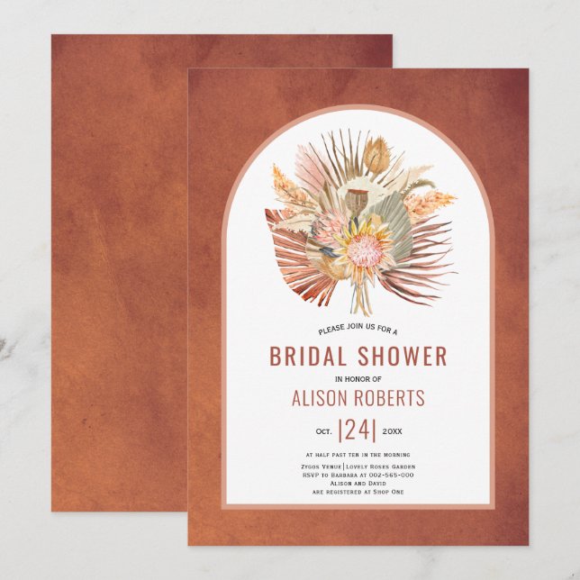 Pampas grass and palm terracotta bridal shower invitation (Front/Back)