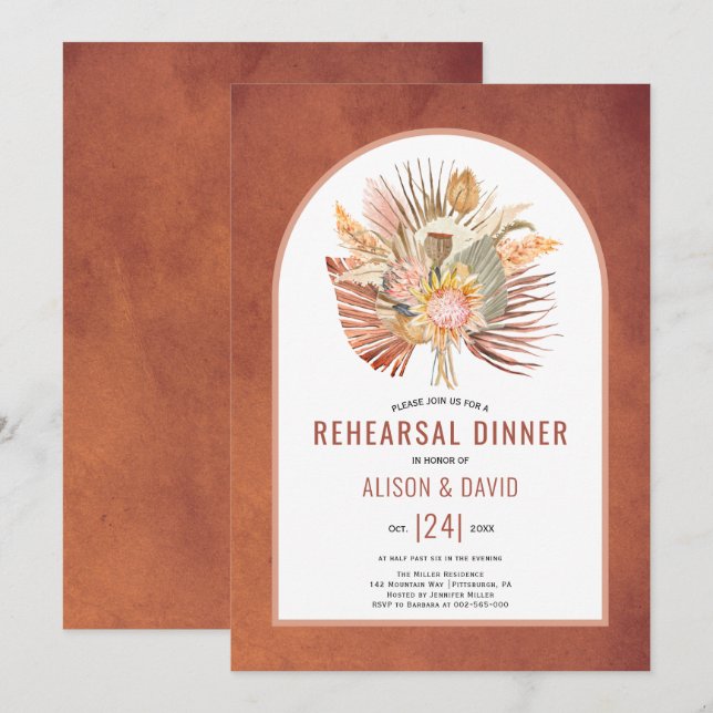 Pampas grass and palm terracotta rehearsal dinner invitation (Front/Back)