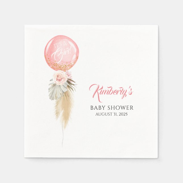Pampas Grass and Pink Flowers Balloon Baby Shower Napkin (Front)