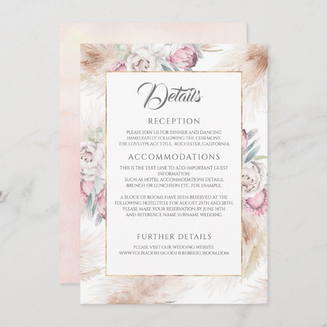 Pampas Grass and Pink King Protea Wedding Details Enclosure Card (Front/Back)