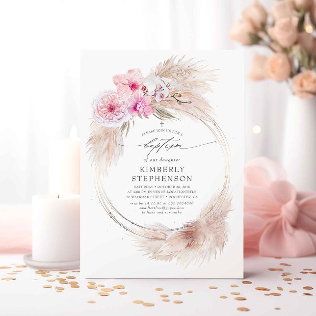 Pampas Grass and Pink Orchids Girls Baptism Invitation (Pink Flowers and Pampas Grass Baptism Invitations)