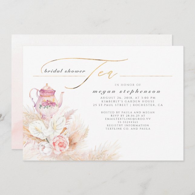 Pampas Grass and Pink Tea Pot Bridal Shower Tea Invitation (Front/Back)