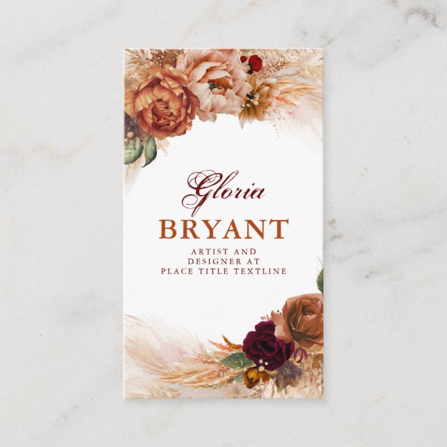 Pampas Grass and Rust Terracotta Flowers Botanical Business Card (Front)