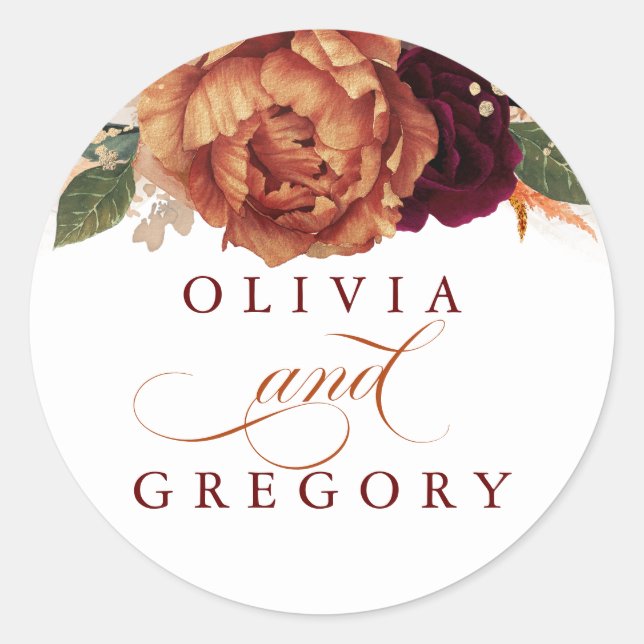 Pampas Grass and Rust Terracotta Flowers Elegant Classic Round Sticker (Front)