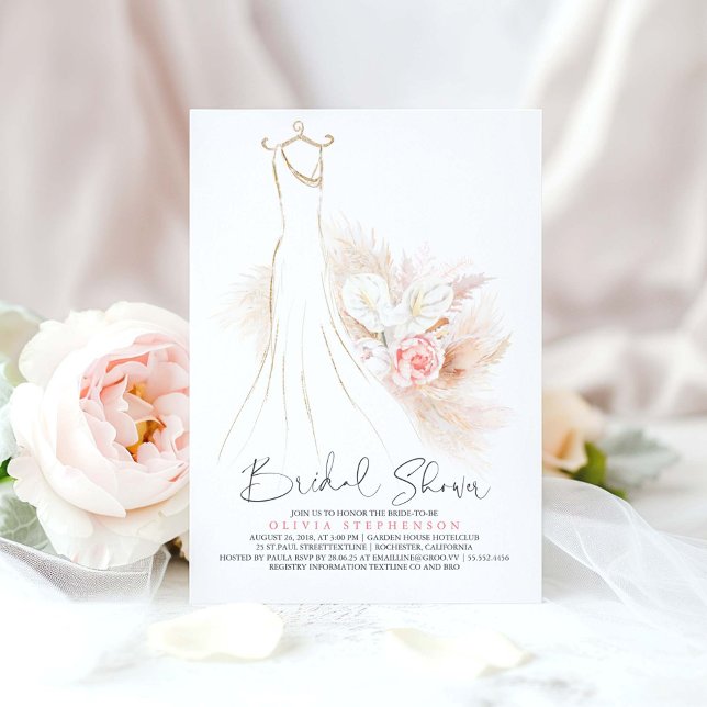 Pampas Grass and Wedding Dress Bridal Shower Invitation (Pampas Grass and Blush Flowers Dress Bridal Shower Invitations)