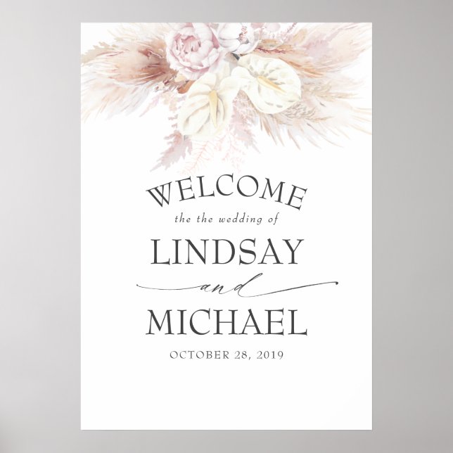 Pampas Grass and White Anthuriums Wedding Welcome Poster (Front)