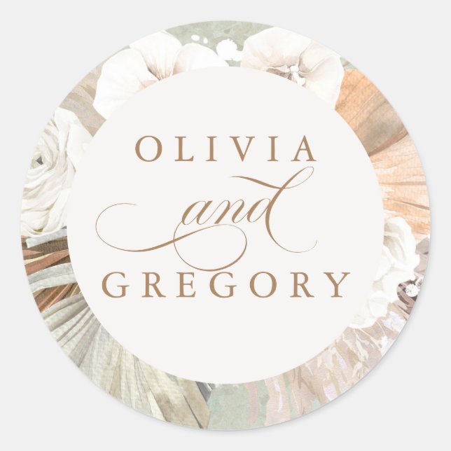 Pampas Grass and White Flowers Boho Wedding Classic Round Sticker (Front)