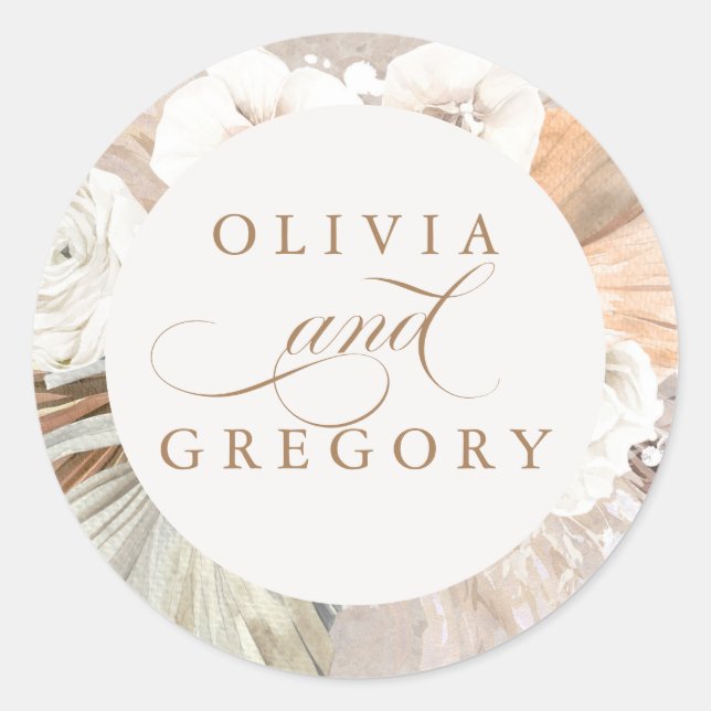 Pampas Grass and White Flowers Boho Wedding Classic Round Sticker (Front)