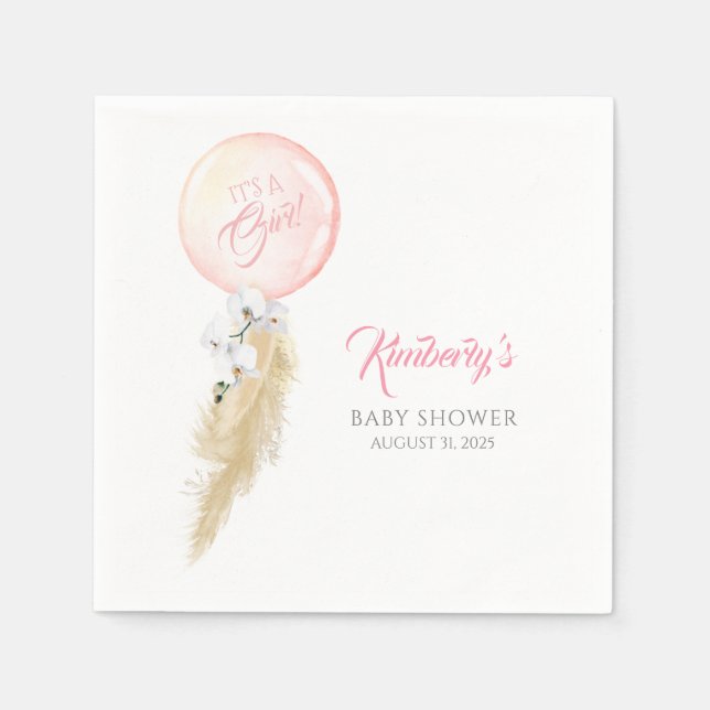 Pampas Grass and White Orchids Balloon Baby Shower Napkin (Front)