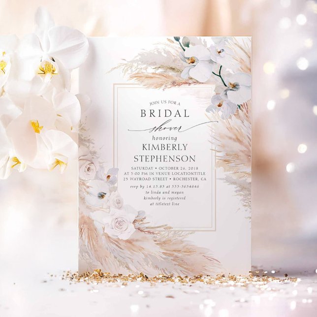Pampas Grass and White Orchids Chic Bridal Shower Invitation (Boho Pampas Grass Bridal Shower Invitation)