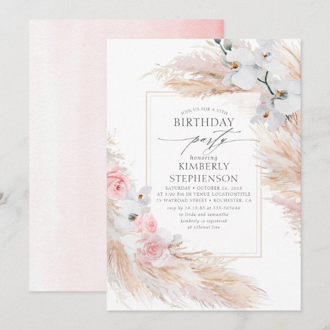 Pampas Grass and White Orchids Elegant Birthday Invitation (Front/Back)