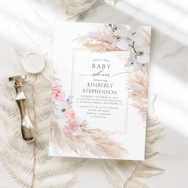 Pampas Grass and White Orchids Exotic Baby Shower Invitation (Creator Uploaded)