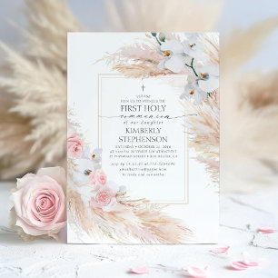 Pampas Grass and White Orchids First Communion Invitation