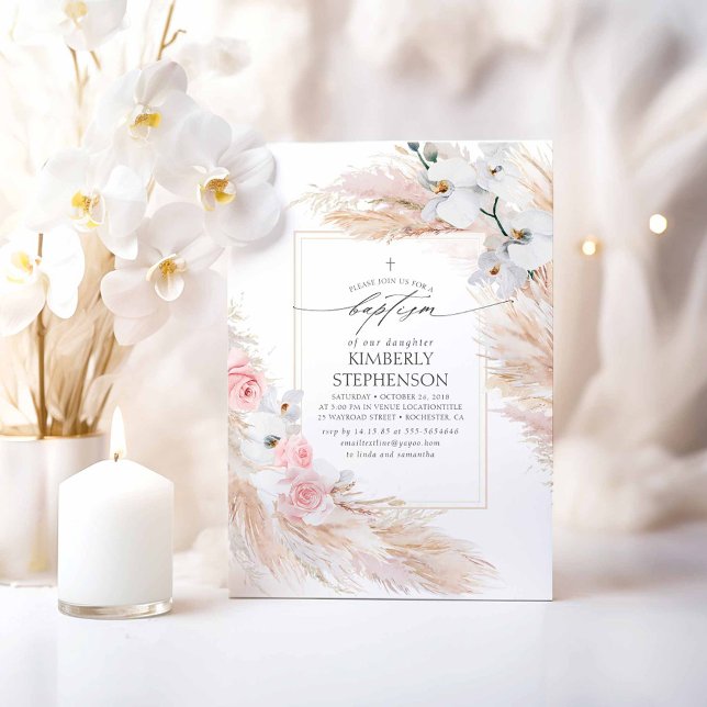 Pampas Grass and White Orchids Tropical Baptism Invitation (Pampas Grass Boho Pink Baptism Invitations)