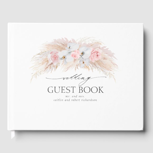 Pampas Grass and White Orchids Tropical Wedding Guest Book (Front)