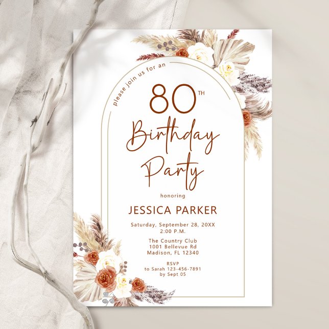 Pampas Grass Arch Terracotta Rustic 80th Birthday Invitation (Creator Uploaded)