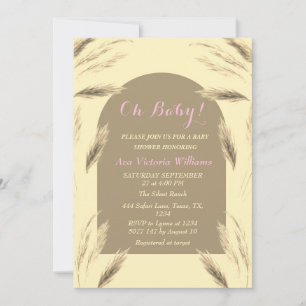 Pampas Grass Baby Girl Watercolor Pink Beige Arch Invitation
