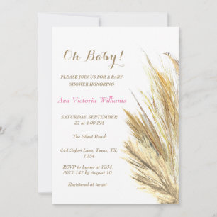 Pampas Grass Baby Girl Watercolor Pink Beige Invitation