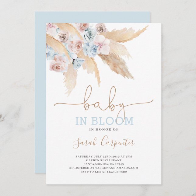 Pampas Grass Baby in bloom shower boy invitation (Front/Back)