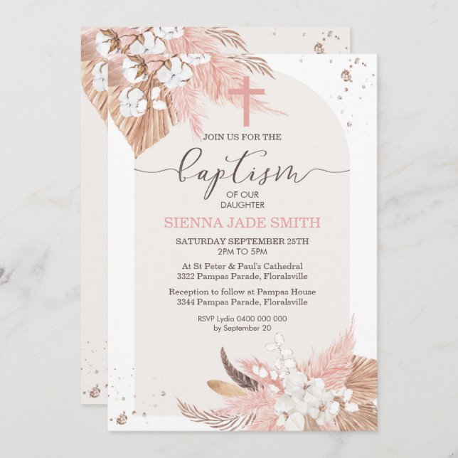 Pampas Grass Baptism Invitation Desert Boho Arch (Front/Back)