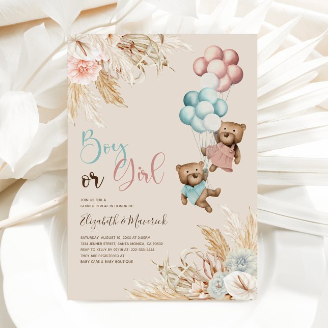 Pampas Grass Bear Gender Reveal Invitation (Creator Uploaded)