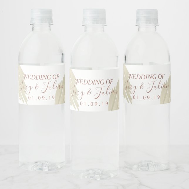 Pampas Grass Beige Bohemian Wedding Water Bottle Label (Bottles)