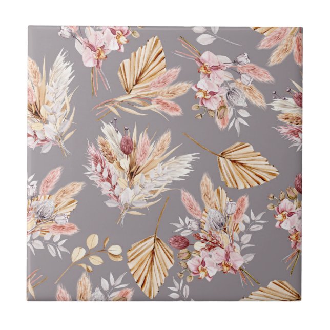 Pampas grass beige pink grey floral pattern ceramic tile (Front)