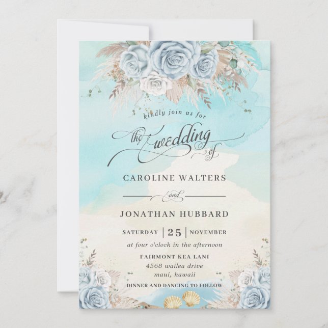Pampas Grass Blue Floral Beach Destination Wedding Invitation (Front)