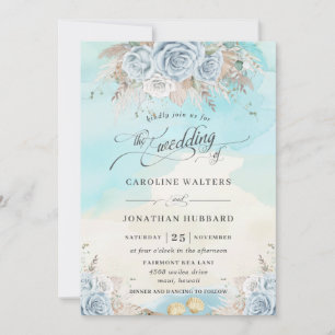Pampas Grass Blue Floral Beach Destination Wedding Invitation