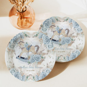 Pampas Grass Blue Floral Rocking Horse Baby Shower Paper Plate