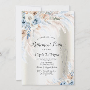 Pampas Grass Blue Roses Glass Ivory Retirement  Invitation