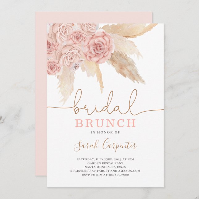 Pampas Grass blush Bridal Shower brunch invitation (Front/Back)