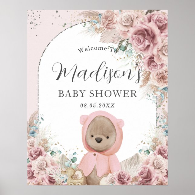 Pampas Grass Blush Floral Cute Teddy Bear Arch  Poster (Front)
