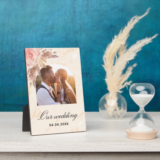 Pampas grass blush pink floral marble wedding plaque (Side)