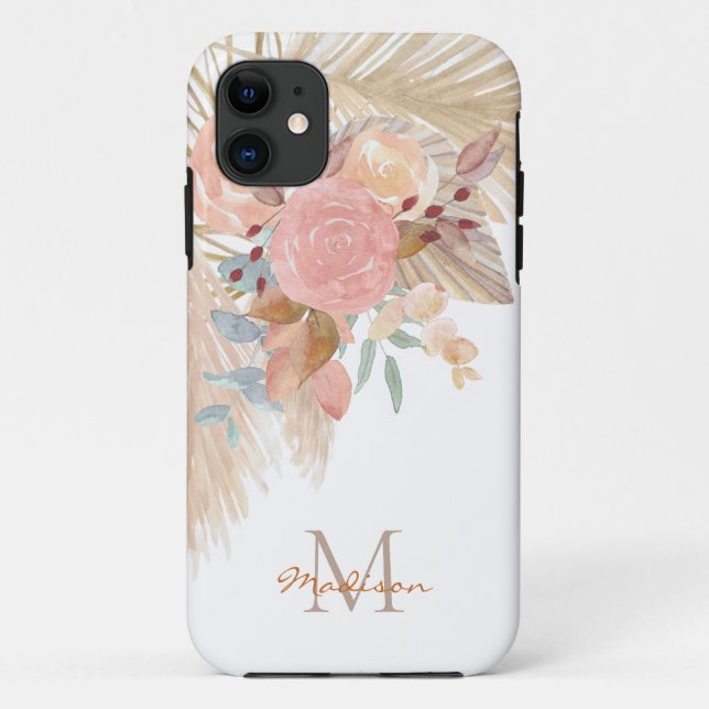 Pampas Grass Blush Pink Floral Monogram Case-Mate iPhone Case (Back)